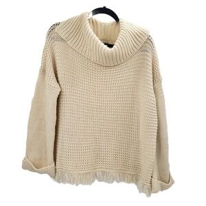 Umgee Cream Fringe Sweater Womens Size Medium Turtleneck Oversized Chunky Knit